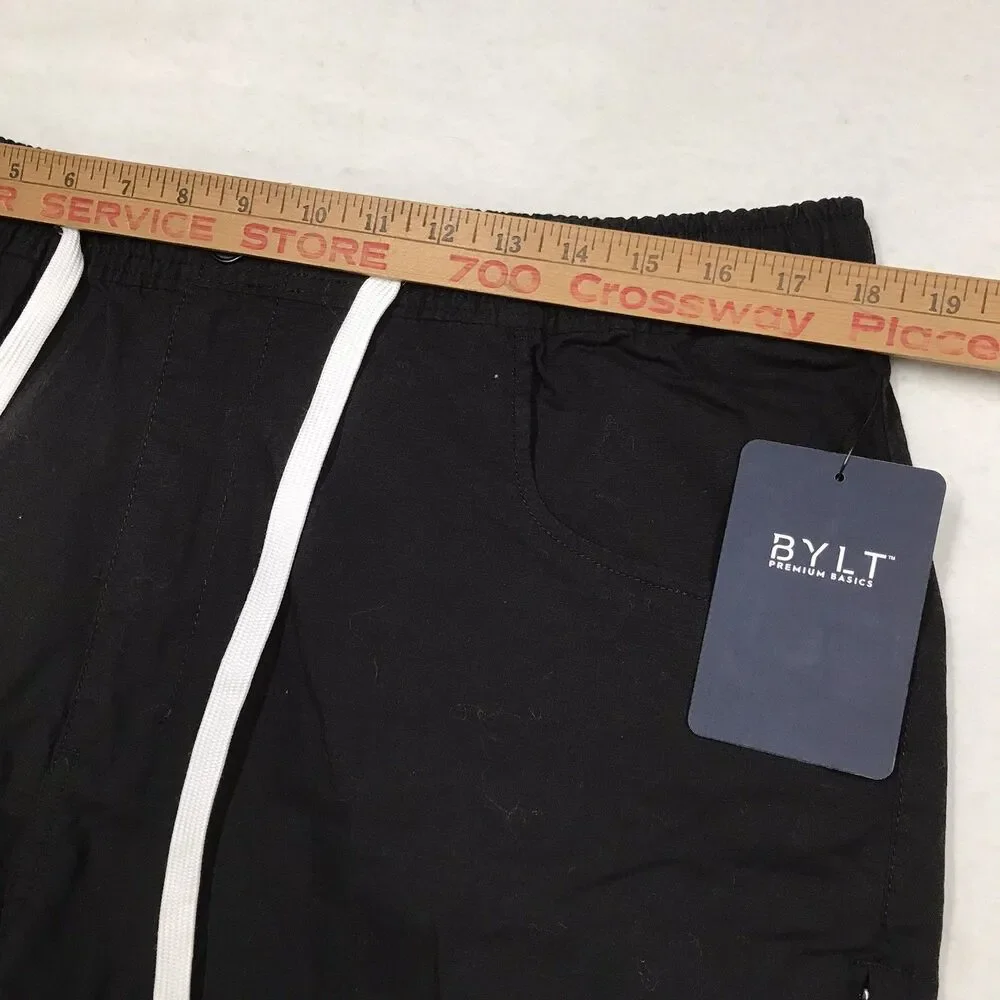 NWT BYLT Cargo Shorts Men 2XL XXL 36W Black Rip Stop Drawstring Zip Fly